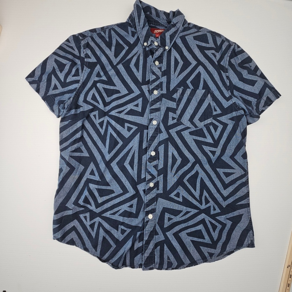Arizona Jean Co Mens Large Blue Geometric Maze Print Button Shirt 90s Grunge